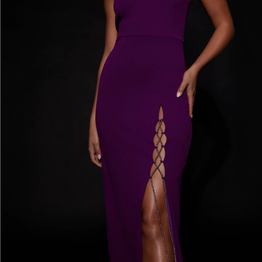 Imogen Diamante Rope Strapless Midi Dress With Split - Grape - Picture 2 of 10